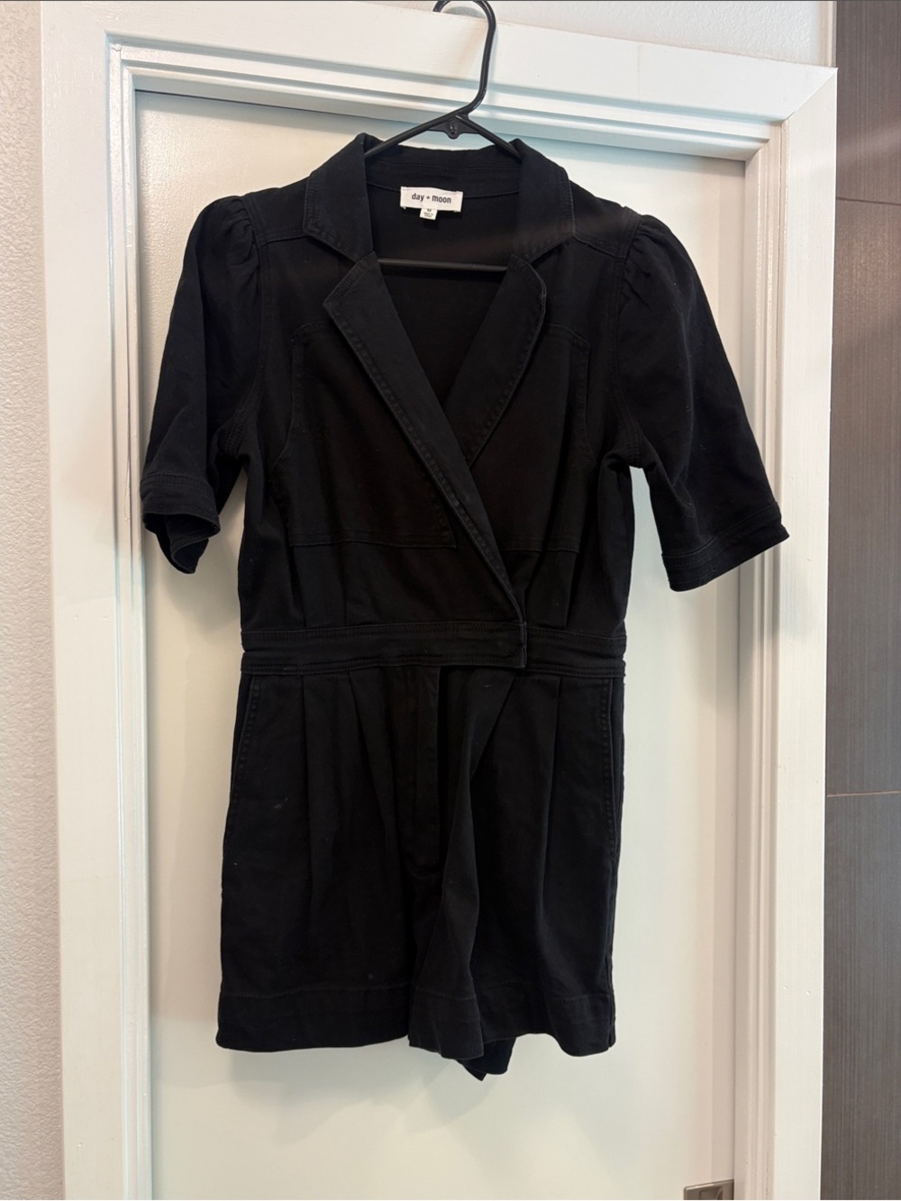 Denim Black Short-Sleeve Tailored Bodysuit Romper